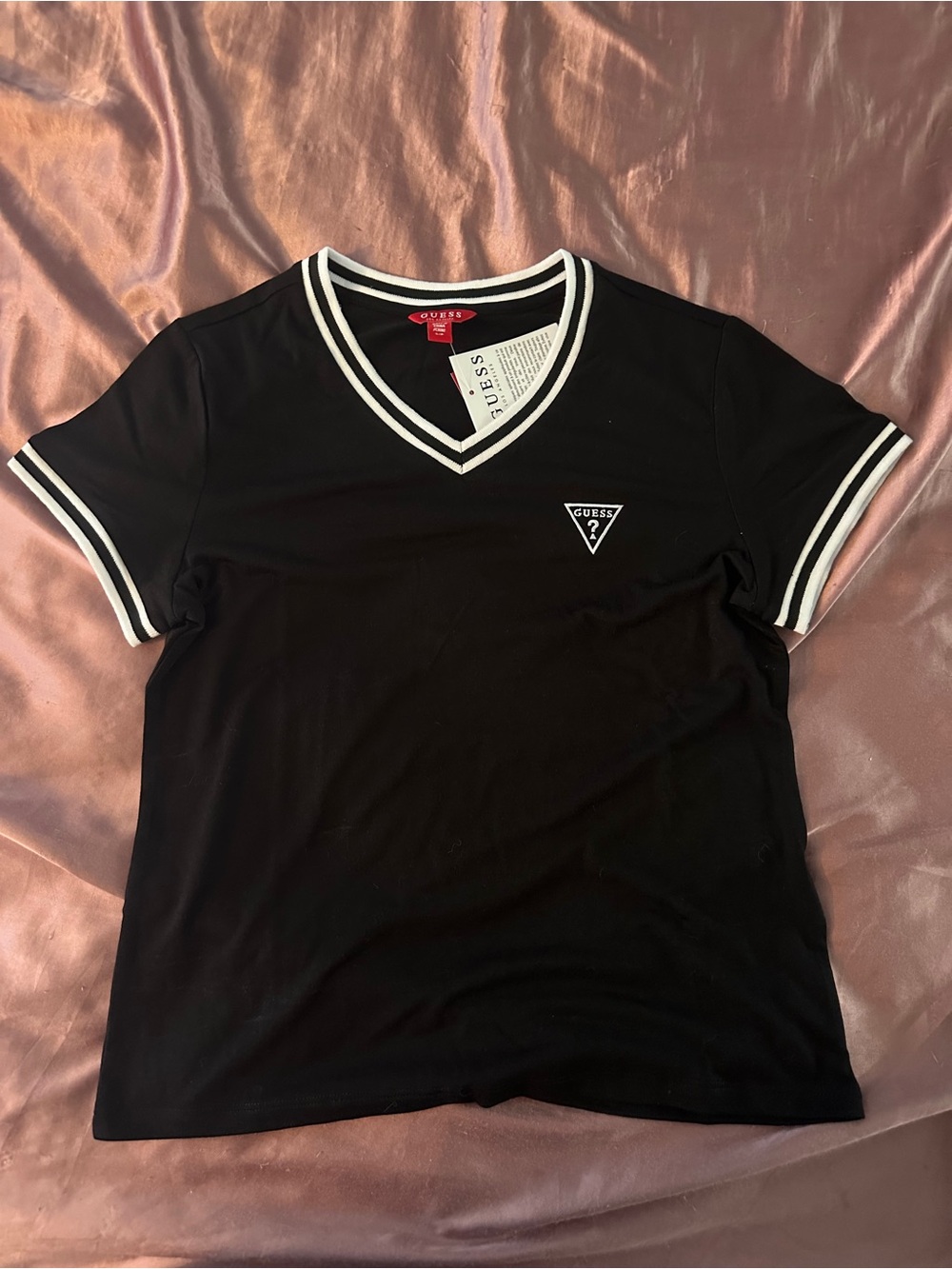 GUESS Black Short Sleeve V-Neck Tee with White Trim